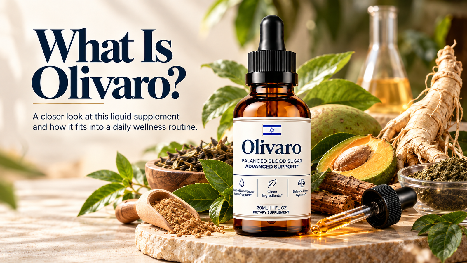 Olivaro liquid dietary supplement in an amber dropper bottle with botanical ingredients