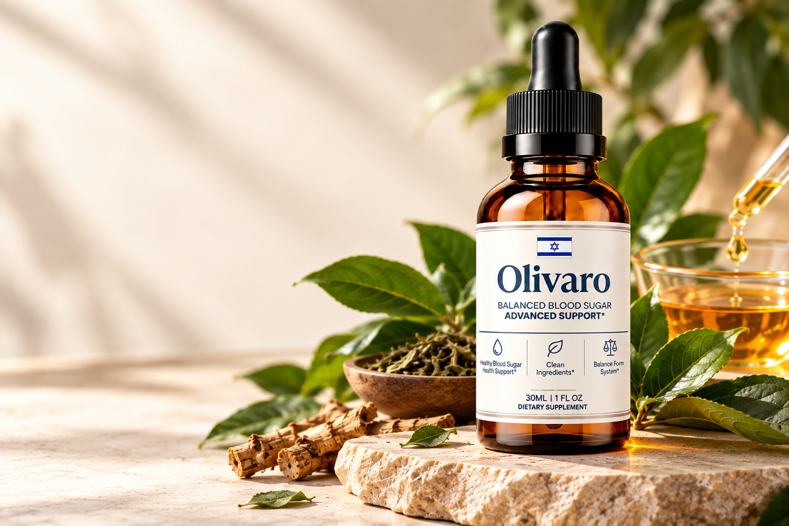 Olivaro liquid supplement surrounded by natural ingredients