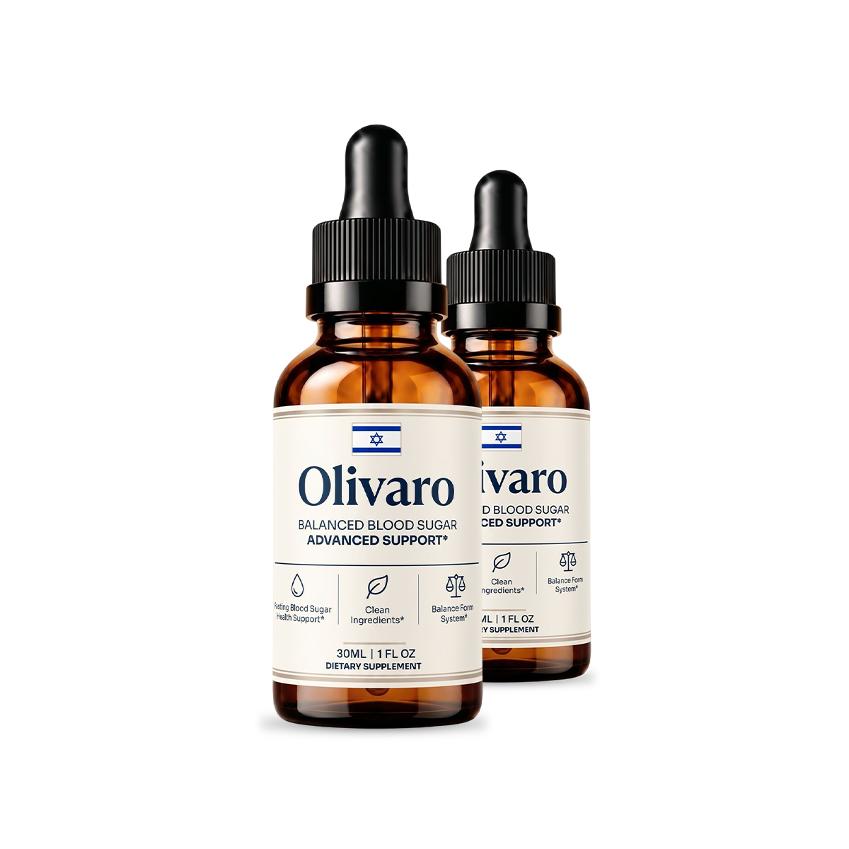 Two bottles of Olivaro liquid supplement