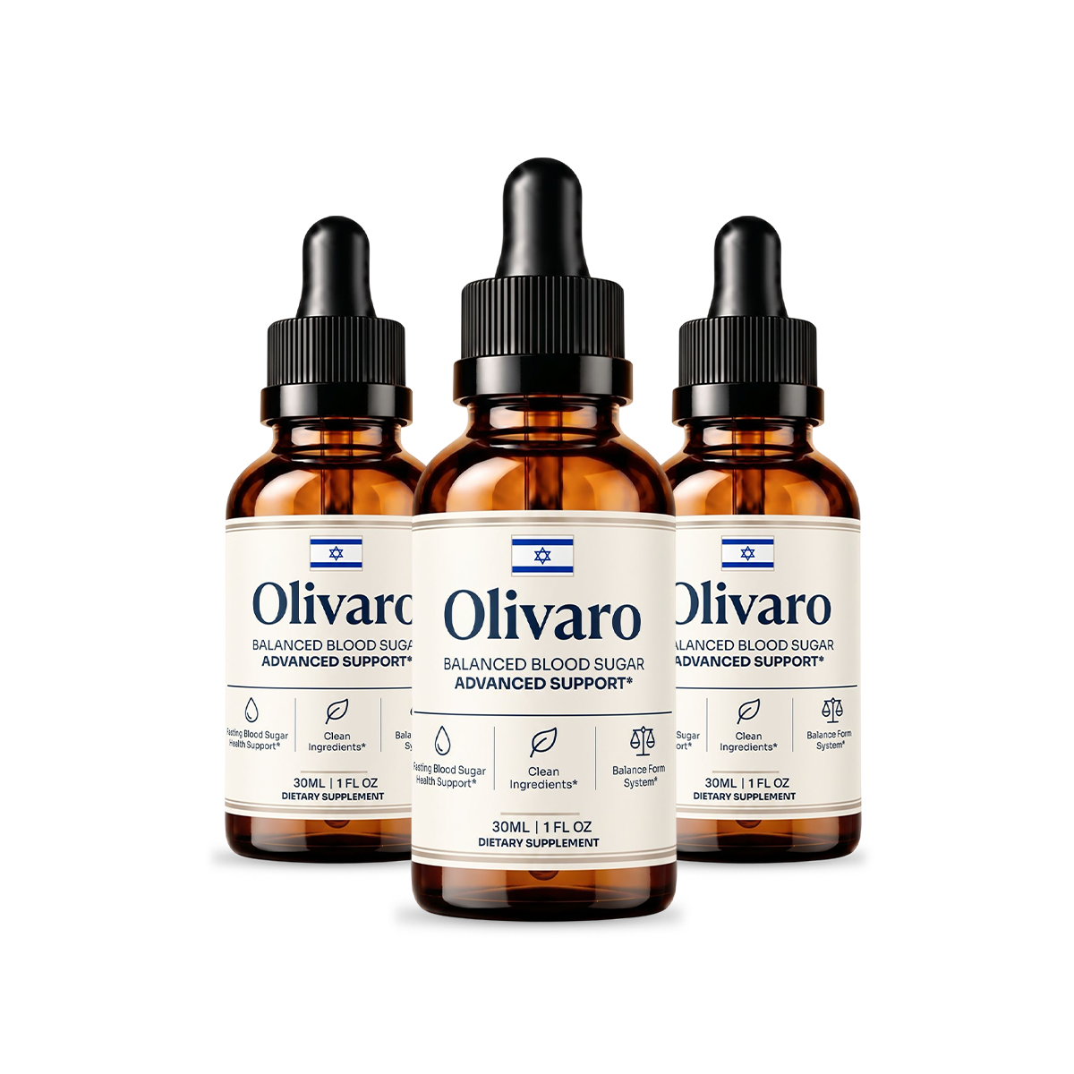 Three bottles of Olivaro liquid supplement