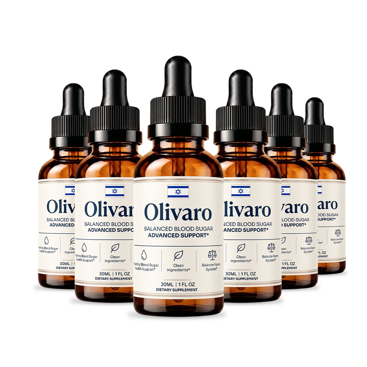 Six bottles of Olivaro liquid supplement