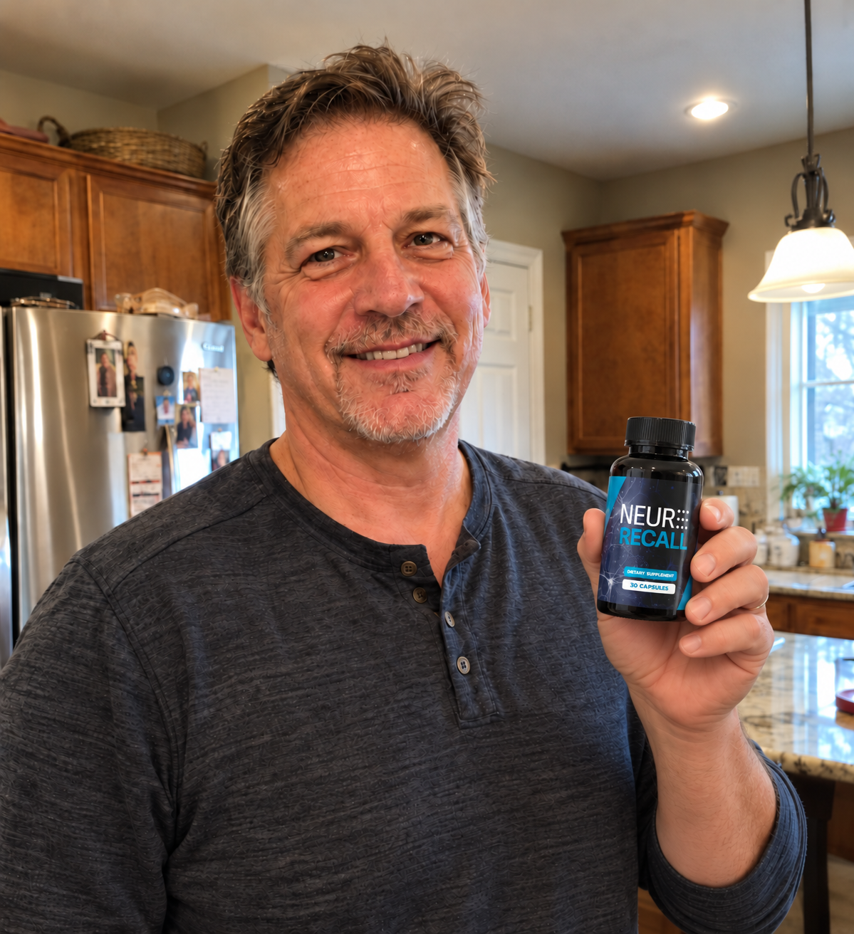Man in a kitchen with a bottle of NeuroRecall