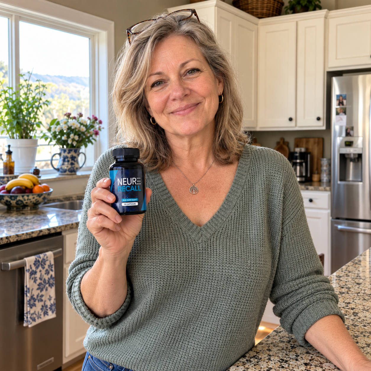 Woman in a kitchen holding a bottle of NeuroRecall